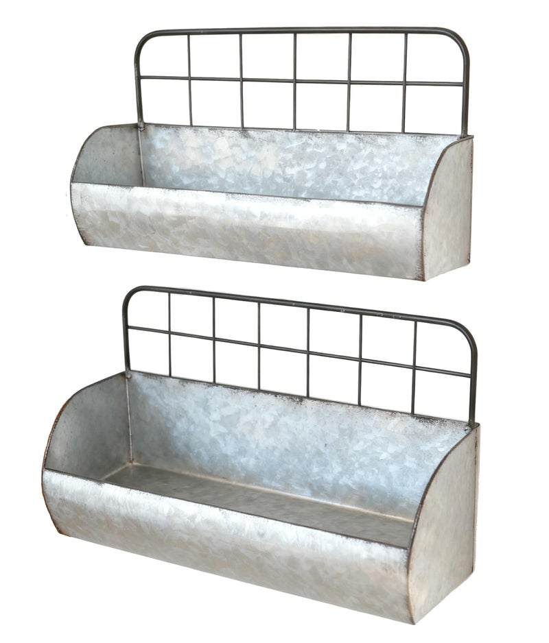 ShabbyDecor Galvanized Metal Farmhouse Wall Storage Holder Rustic Tin Shelves for Kitchen Laundry Room Bathroom Metal Hanging Wire Basket Set of 2 - Image 1